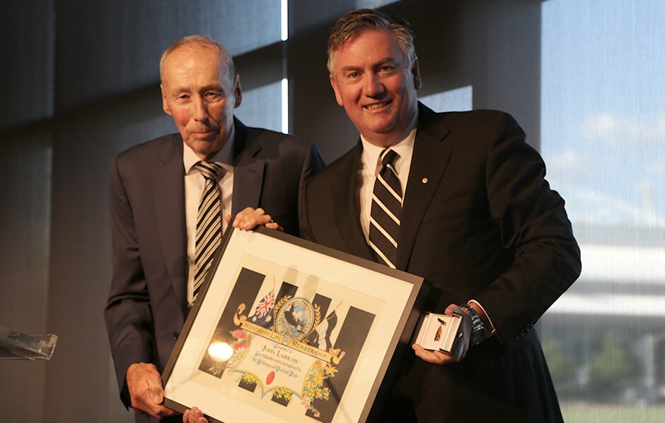 ValeLaidlawHORIZ.jpg John Laidlaw with Collingwood president Eddie McGuire at the Life Members dinner in 2017 - Collingwood Magpies